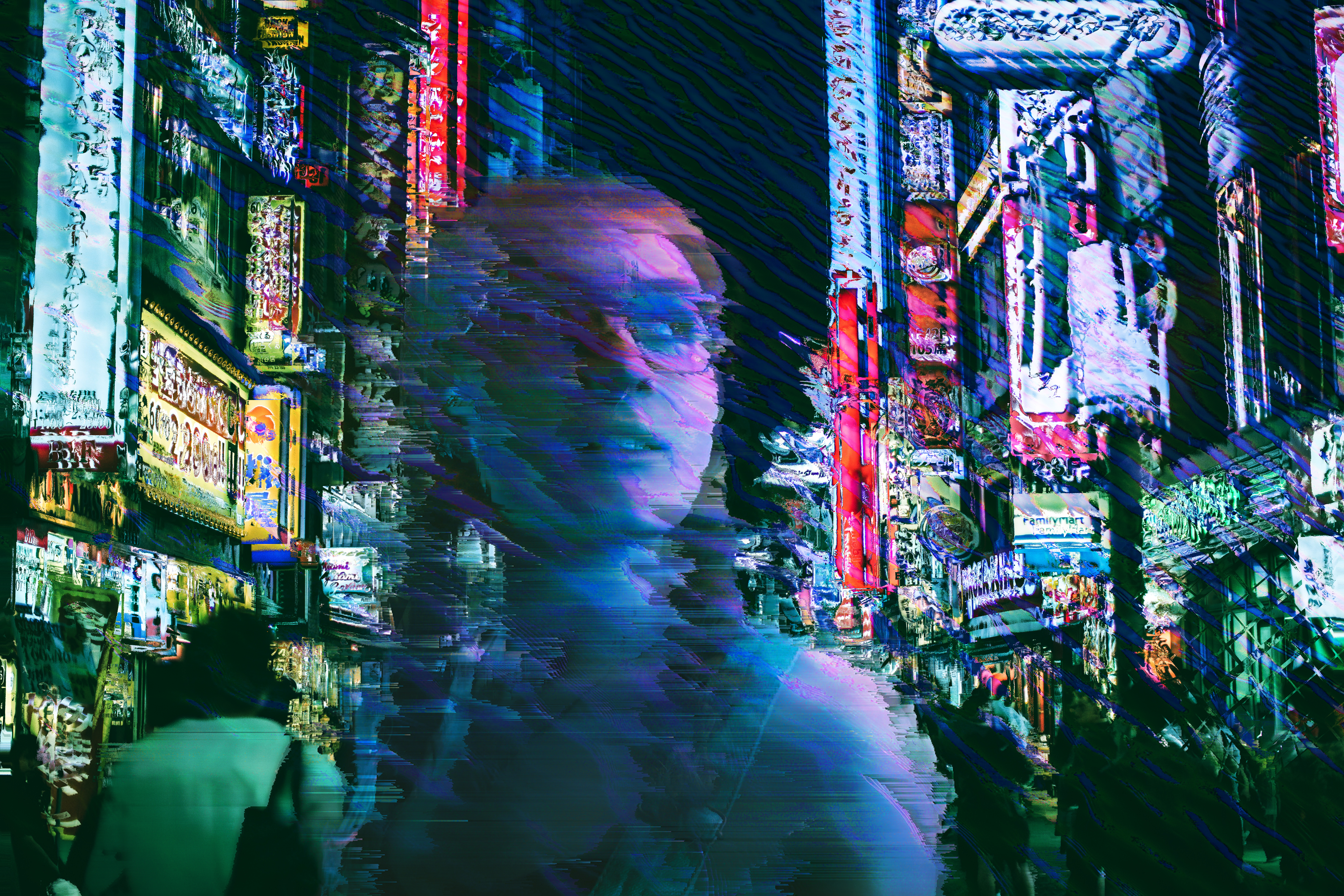 Tokyo Lights 2. Glitched blended composite: Exclusion / difference ripples; Displacement map; 2 seperate pixel-sorts. Tokyo street Photo by Andre Benz on Unsplash; Girl Photo by Shwa Hall; Displacement map is ocean waves, Photo by Oscar Keys; Difference/exclusion filter with water ripples Photo by Shwa Hall; (c)2017 Patrick Chase. All Rights Reserved